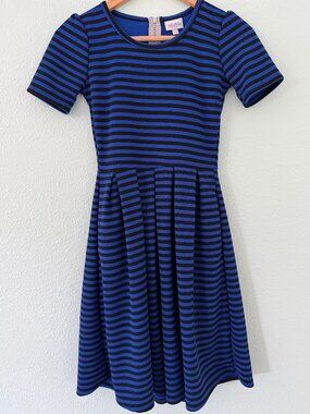 LuLaRoe Black Blue Striped Amelia Dress Size XXS